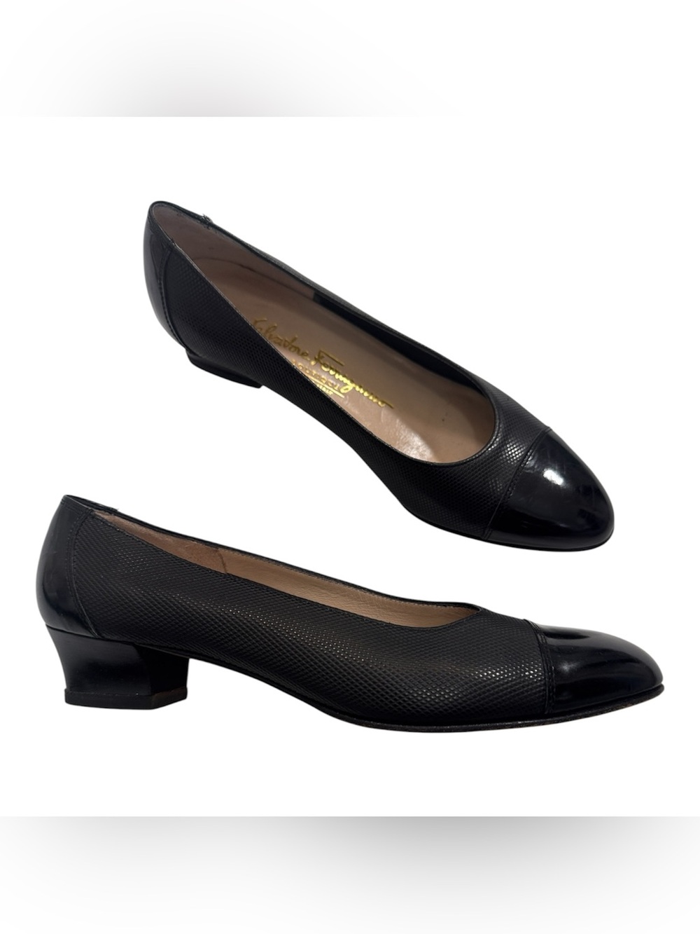 Salvatore Ferragamo Black Leather Kitten Heels Womens 7 Classic Pumps Vintage